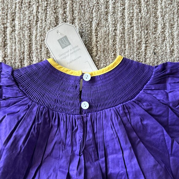 NWT LIL CACTUS ~ SMOCKED FOOTBALL DRESS ~ sz.18-24mos. ~ LSU COLORS ~ BOWS - Picture 4 of 7